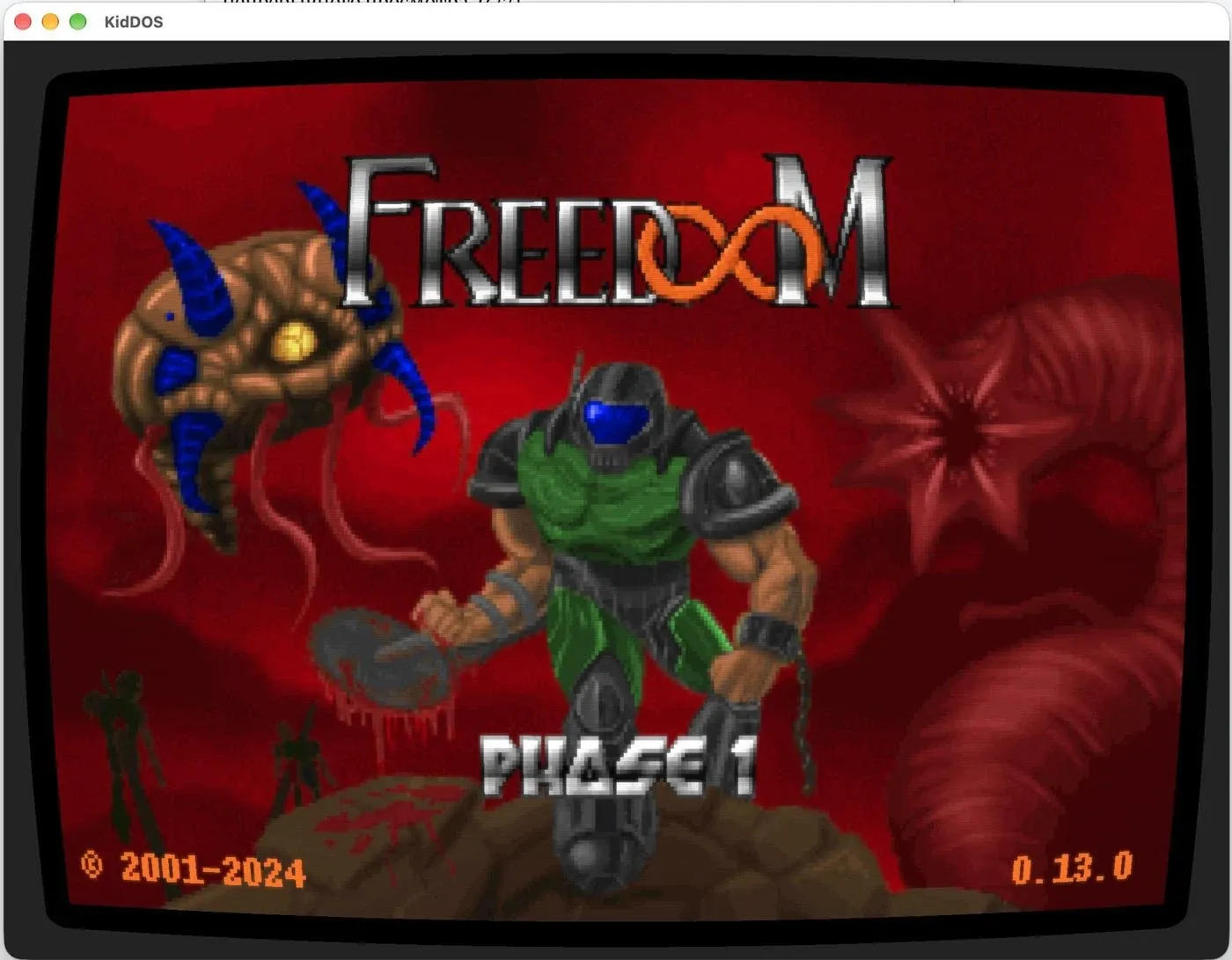 KidDOS running Freedoom Phase 1: the title screen inside the CRT, version 0.13.0