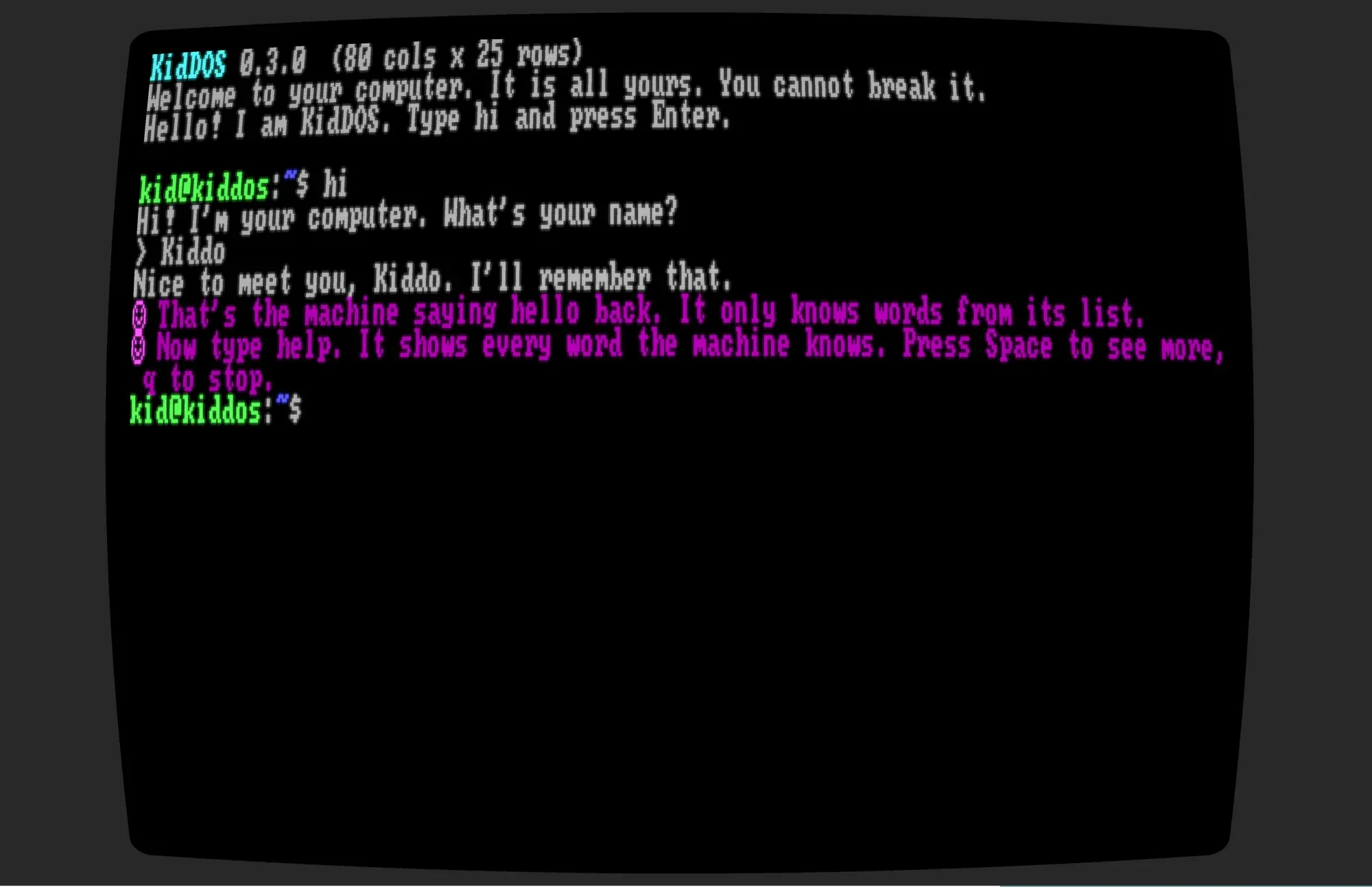 KidDOS 0.5 boot screen: a CRT terminal where the kid types hi, the machine asks for a name, and a tutor line in magenta suggests typing help