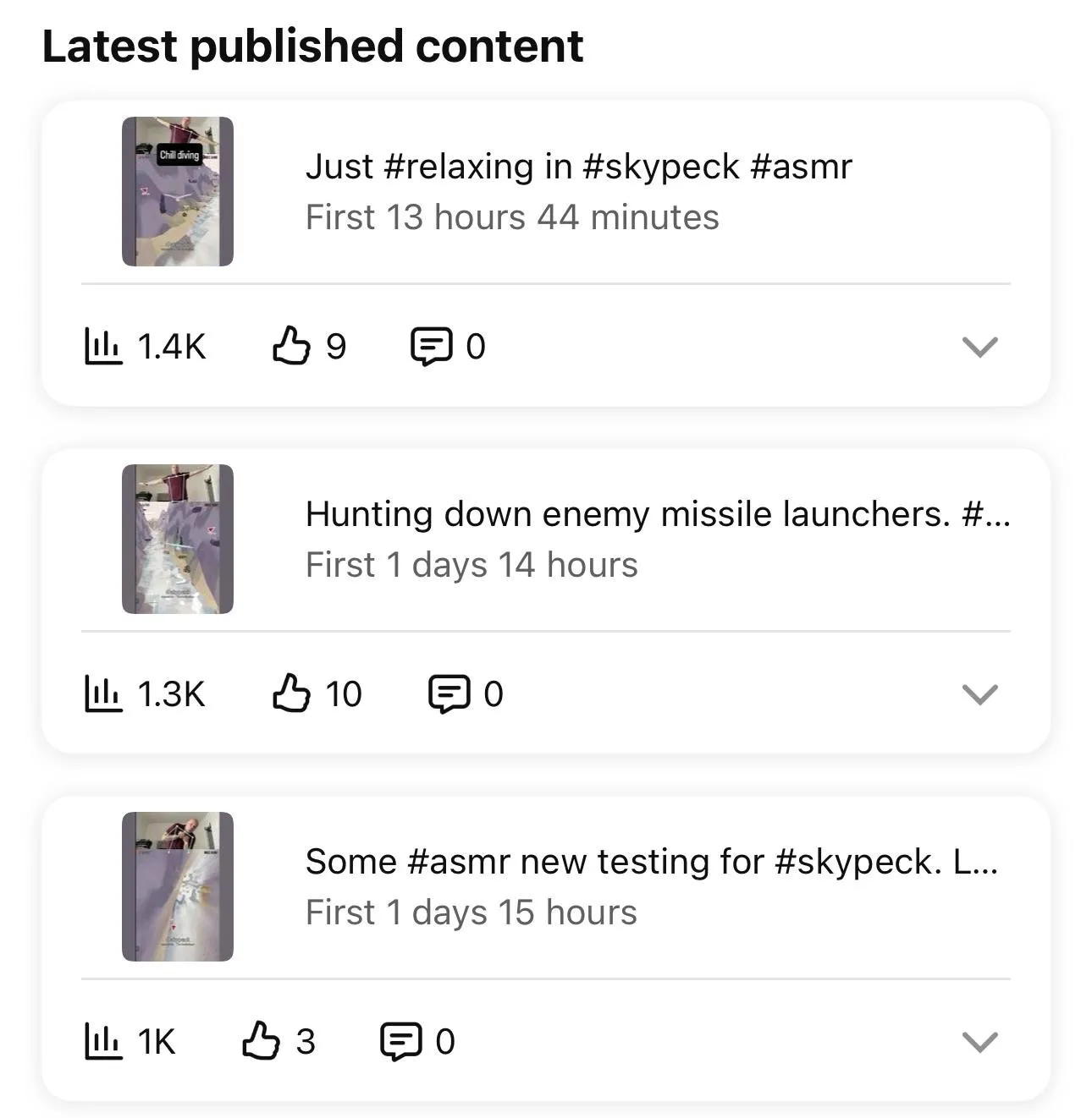 YouTube Studio, latest published content: three Shorts at 1.4K, 1.3K and 1K views, nine, ten and three likes, zero comments